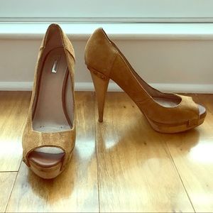 Camel Suede Open-Toed Pumps